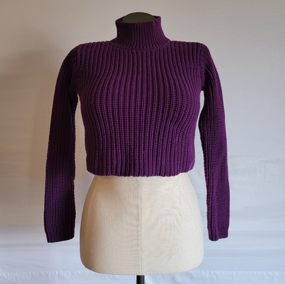 Moda International Turtle Neck Cropped Knit Sweater 100% Cotton Purple - Picture 9 of 10